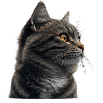 Beautiful striped cat with bright eyes gazing thoughtfully outdoors in soft natural light isolated on transparent background. png
