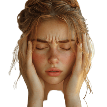 Young woman expressing deep emotions while holding her head in a contemplative moment isolated on transparent background. png