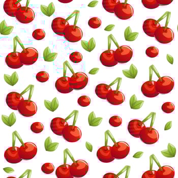 A seamless pattern featuring vibrant red cherries with fresh green leaves on a clean white background. Perfect for summer designs, kitchen decor, packaging, and fabric prints. vector