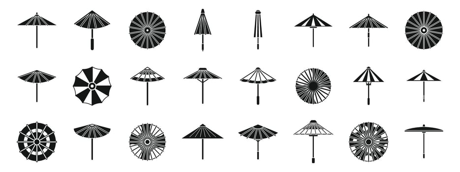Japanese umbrella icons set. Japanese umbrellas protecting from sun and rain in different styles vector