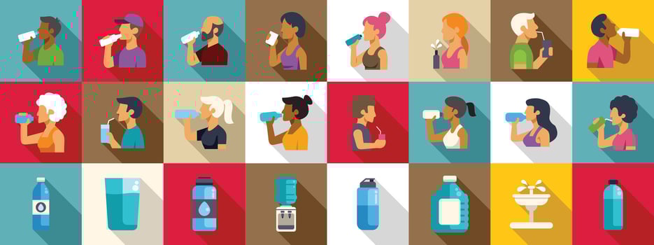 Thirsty people drinking icons set. People drinking water, bottles, dispensers and glasses icons set vector