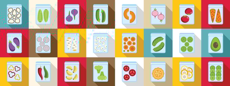 Frozen vegetables icons set. Frozen vegetables preserving freshness and nutrients in vacuum sealed bags vector