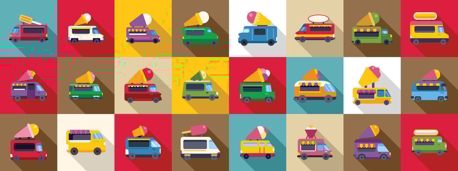 Ice cream truck icons set. Colorful ice cream food trucks collection with long shadow vector