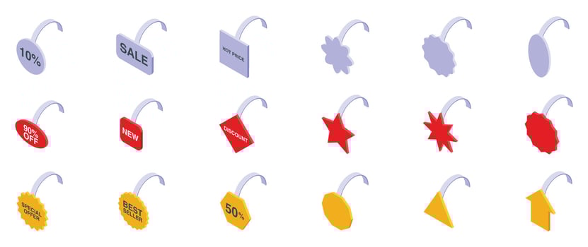 Advertising shelf wobbler icons set. Wobblers showing discounts, sales, and special offers for retail marketing vector