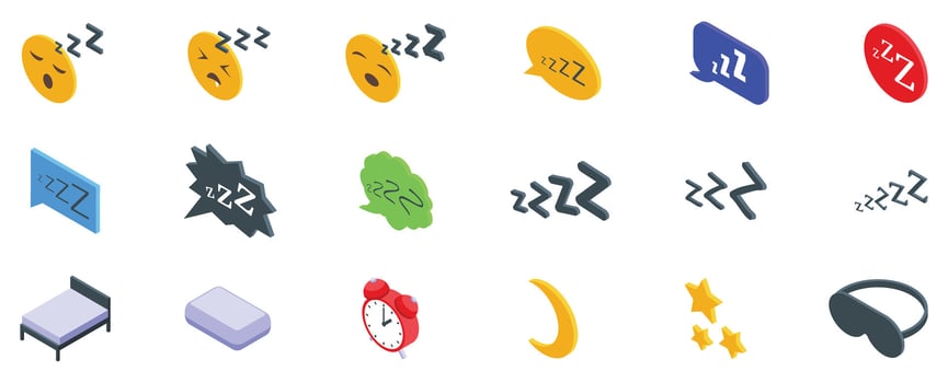 Zzz sleep snore icons set. Sleeping emojis, alarm clock, bed, pillow, sleep mask, moon and stars representing sleep time vector