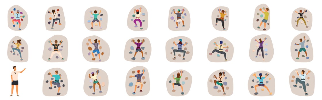 Kids climbing wall icons set. Climbers practicing on climbing wall with instructor giving instructions vector