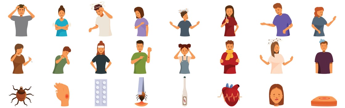 Lyme symptoms icons set. People suffering from encephalitis symptoms, tick bites, and medical treatment icons vector