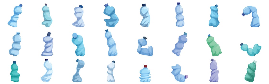 Crumpled bottle icons set. Used plastic bottles showing pollution and recycling needs vector