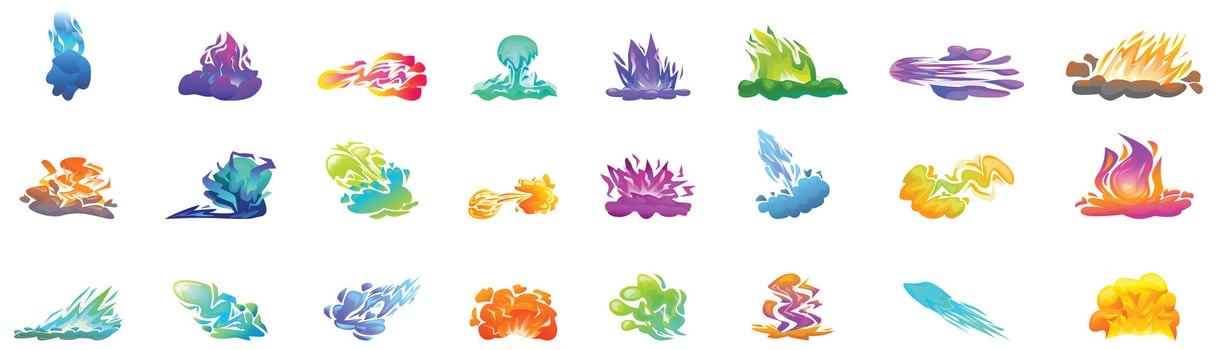 Neon fire smoke icons set. Colorful cartoon explosions and fire flames sprites for games and animation vector