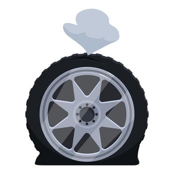 Flat tire emitting smoke, car wheel is punctured and needs assistance vector