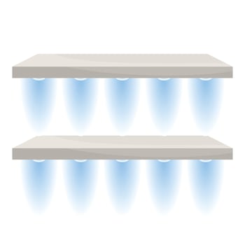 Two empty shelves with spotlights shining downwards creating dramatic lighting vector