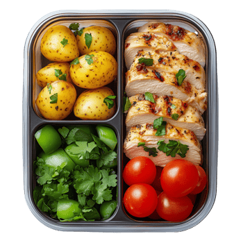 Healthy Grilled Chicken Meal Prep with Fresh Vegetables and Potatoes png