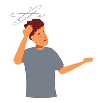 Young man suffering from dizziness touching his head feeling confused vector
