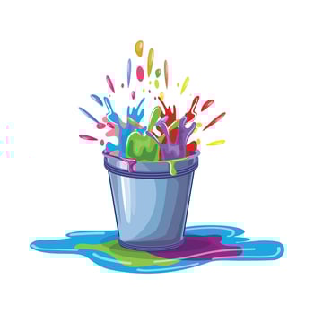 Festive bucket filled with vibrant Holi water splashing out, perfect for art and celebrations vector