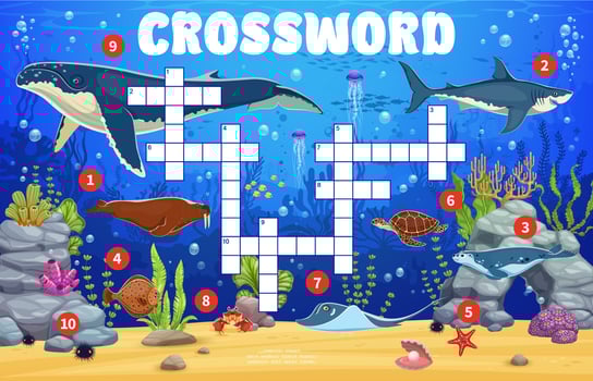 Crossword quiz game grid, sea underwater animals vector