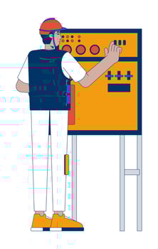 Indian male worker operating drilling control panel 2D cartoon character. Industrial equipment. South asian man operator isolated person flat on white background. Spot illustration colorful vector