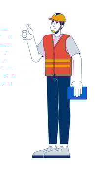 Construction worker giving thumb up with clipboard 2D cartoon character. Caucasian man wearing safety vest and hardhat isolated person flat on white background. Spot illustration colorful vector