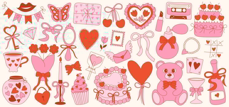 Set of Valentines day coquette girly elements in pink and red color. Vintage elegant illustration. Cute ribbons, hearts, cake, candle, mirror, cherries, flowers. vector