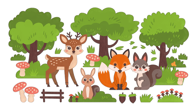 Cute Forest Animals with Trees, Mushrooms, and Woodland Scene Elements. png