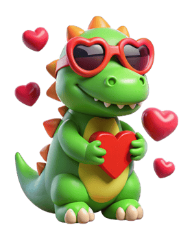 Cute Green Dinosaur Holding a Heart with Sunglasses and Floating Love Hearts. png