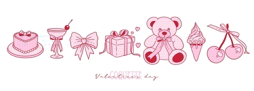 Set of cute coquette romantic elements with bows, ribbons, dots, cherry, hearts. Elegant Valentine vintage cliparts in pastel pink color. Hand drawn line art girly decor. illustration vector