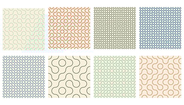 Truchet thin line round shapes seamless pattern collection. Contemporary style outline geometric mosaic patterns with rounded lines. Modern tilt mosaic background set. vector