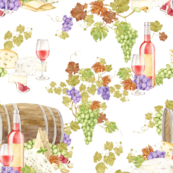 Seamless pattern with Pink wine and snack on a wooden barrel background. Bottle of light wine, glass of pink wine, grapes, brie and cheddar cheese, blue cheese with mold and figs. Watercolor. png