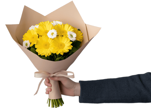 Yellow gerbera bouquet with ribbon in kraft paper image isolated transparent. Daisies, white blooms cut out . Elegant wrapping, rustic floral arrangement cutout photography png