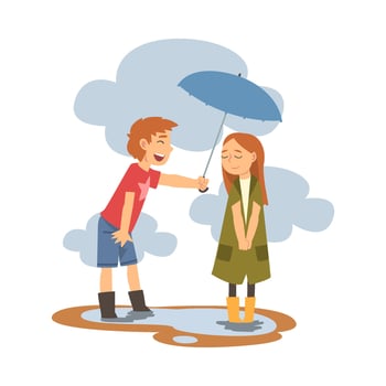 Boy Holding Umbrella Over Girl In Rainy Weather, Polite Boy, Good Manners Illustration vector