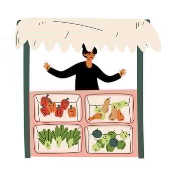 Female Seller Selling Fresh Vegetables at Farmers Market, Fresh Natural Organic Products on Counter Illustration vector