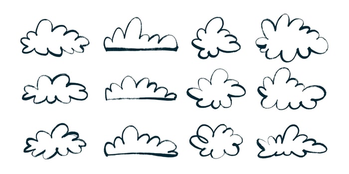 Black Clouds in Hand Drawn Style with Grunge Retro Effect. Pencil drawings of clouds. Abstract cartoon and fluffy cloud icons. vector