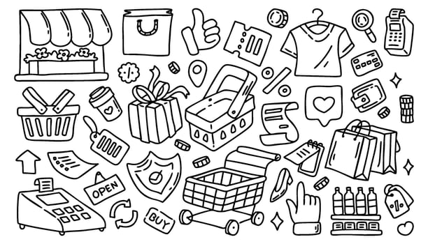 Black and white shopping doodle illustration vector