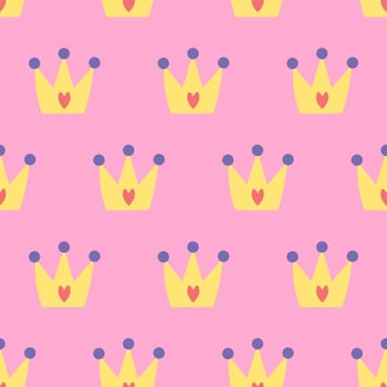 Gold princess crown seamless pattern on pink background vector
