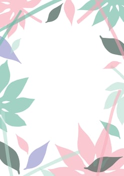 Vertical natural background or backdrop decorated with colorful translucent leaves. Floral card template, frame or border with green, pink and purple tree foliage. illustration in flat style. vector