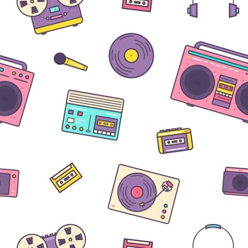 Seamless pattern with retro electronic devices on white background - analog music players, cassette recorder, boombox, turntable. Flat cartoon illustration for wrapping paper, textile print. vector