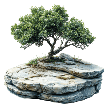 Sculpted tree thriving on a rocky base in a natural landscape setting during daylight hours isolated on transparent background. png