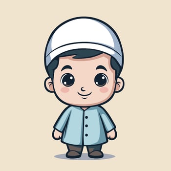 Cute cartoon illustration of a smiling Muslim boy wearing a traditional cap and outfit Perfect for children's books or Islamic themed designs. vector