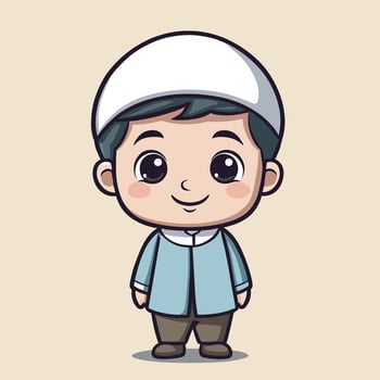 Adorable cartoon illustration of a smiling Muslim boy wearing a traditional hat and outfit Perfect for children's books or religious educational materials. vector