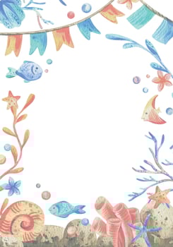 Sea corals, algae, shells, starfish, fish, bubbles. Watercolor illustration hand drawn in coral, turquoise and blue colors. rectangular vertical frame template isolated from the background vector