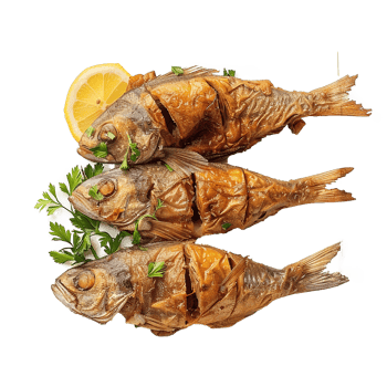 Three Fried Fish Lemon Garnish Parsley Food Delicious Meal png