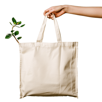 Eco friendly tote bag held by a hand with a plant detail png