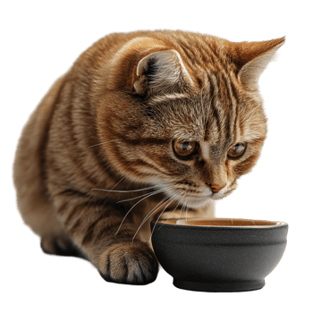 Smart cat curiously investigates a small bowl placed on a plain surface in a well-lit indoor setting isolated on transparent background. png