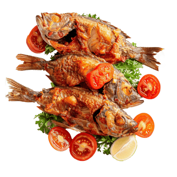 Delicious Fried Fish Dish with Tomatoes and Lemon png