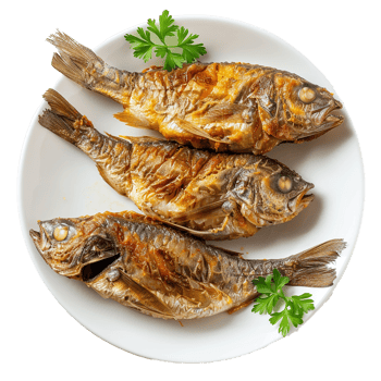 Three Fried Fish on White Plate Garnish with Parsley png