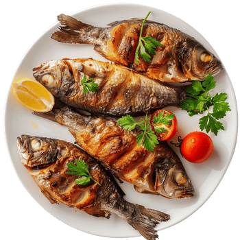Grilled fish delicious seafood meal plate lemon tomatoes parsley png