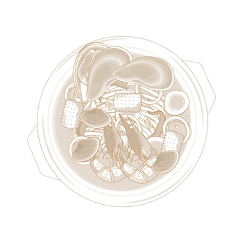 Illustration Logo Line art Top View Jjampong Spicy Seafood Noodle Soup on a Ttukbaegi vector