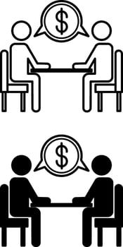 Business Meeting Icons. Black and White Icon. Two People Sitting At Table Discussing Project Financing. Dollar Sign vector