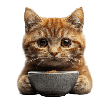 Cute orange kitten eagerly waiting for its meal from a gray bowl in a cozy indoor setting isolated on transparent background. png