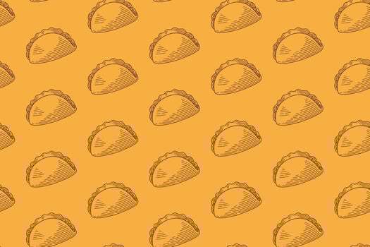 taco with tomato, lettuce, salad doodle seamless pattern on yellow background. taco mexican tasty food engraving pattern wallpaper. funny taco food background for restaurant decor and merchandise vector