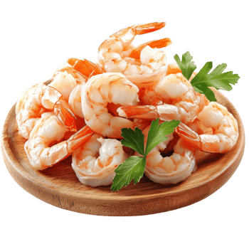 Cooked Shrimp Arranged on Wooden Plate with Parsley png